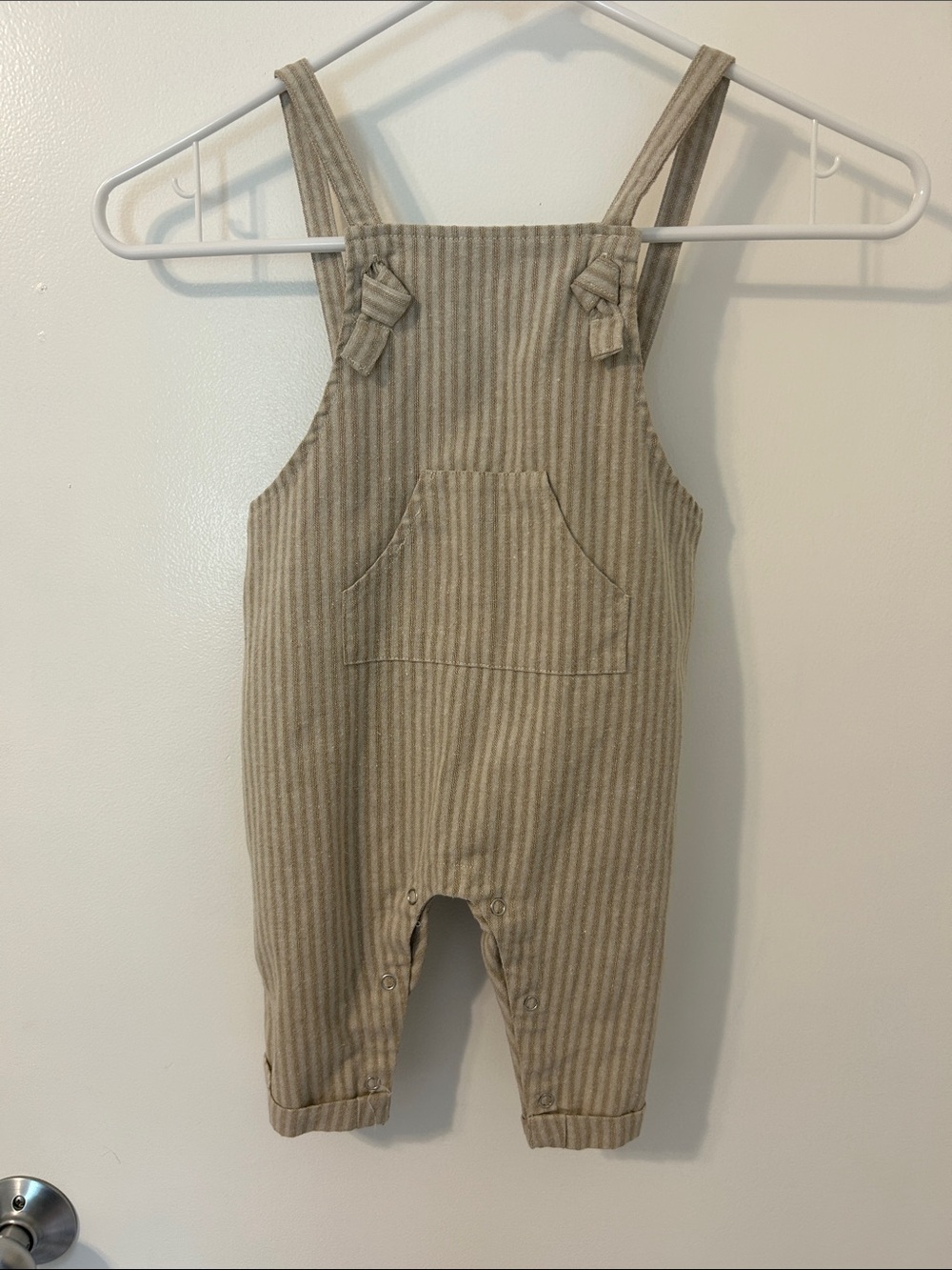 Neutral Beige Stripe Kids Overalls with Front Pocket
